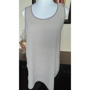 Loft Ann Taylor Top Sz XS Taupe White Print Long Tunic Sleeveless Solid Trim